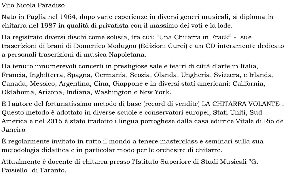Breve curriculum del Chitarrista Vito Nicola Paradiso in occasione della masterclass Aprile 2000