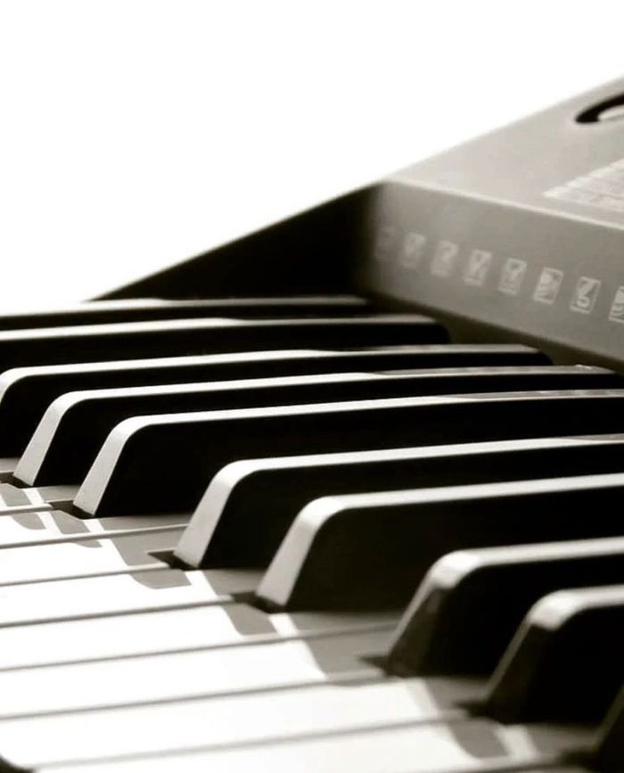 Artistic close-up of piano keys highlighting the textures and shadows.